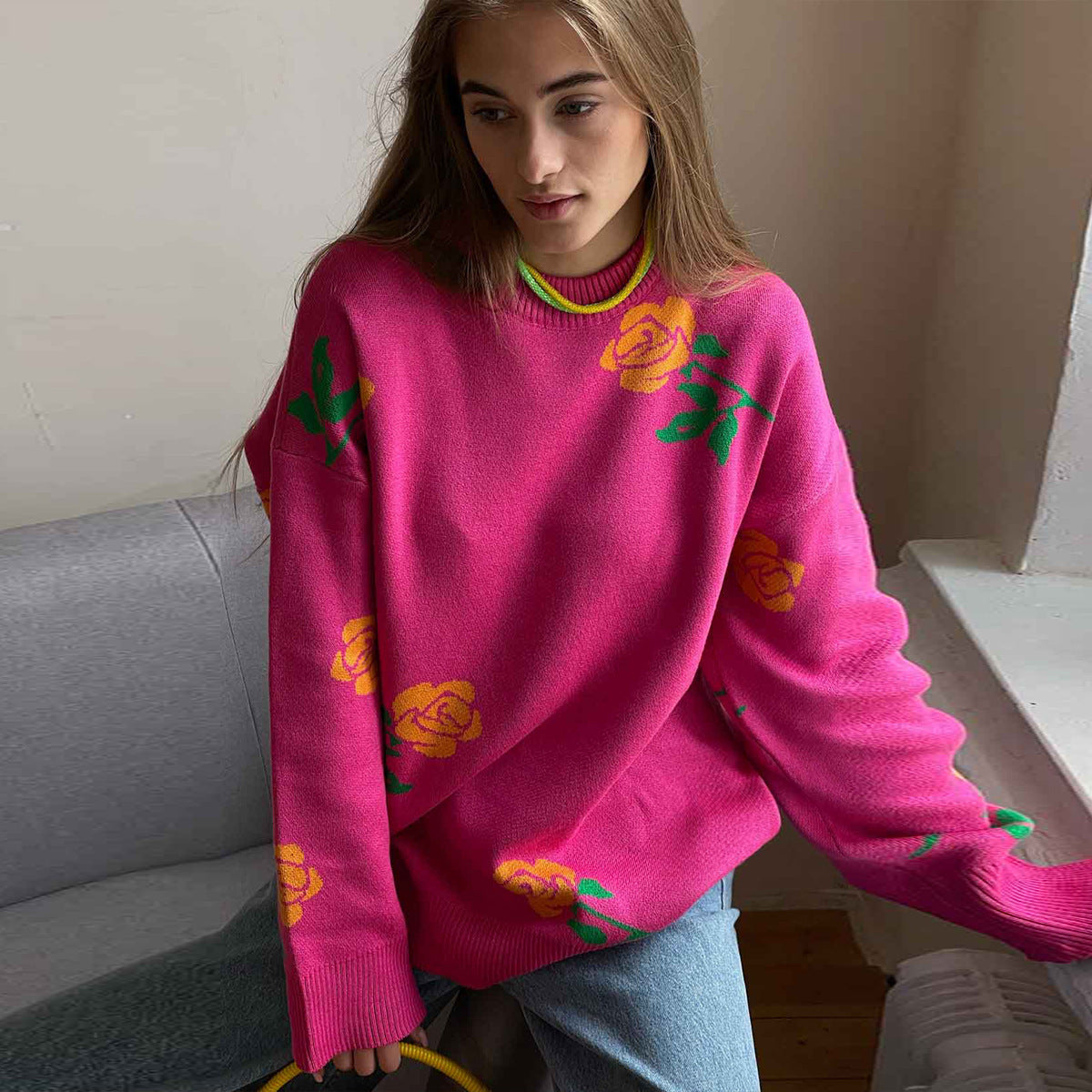 Damen weicher Strickpullover mit floralem Design Sovae