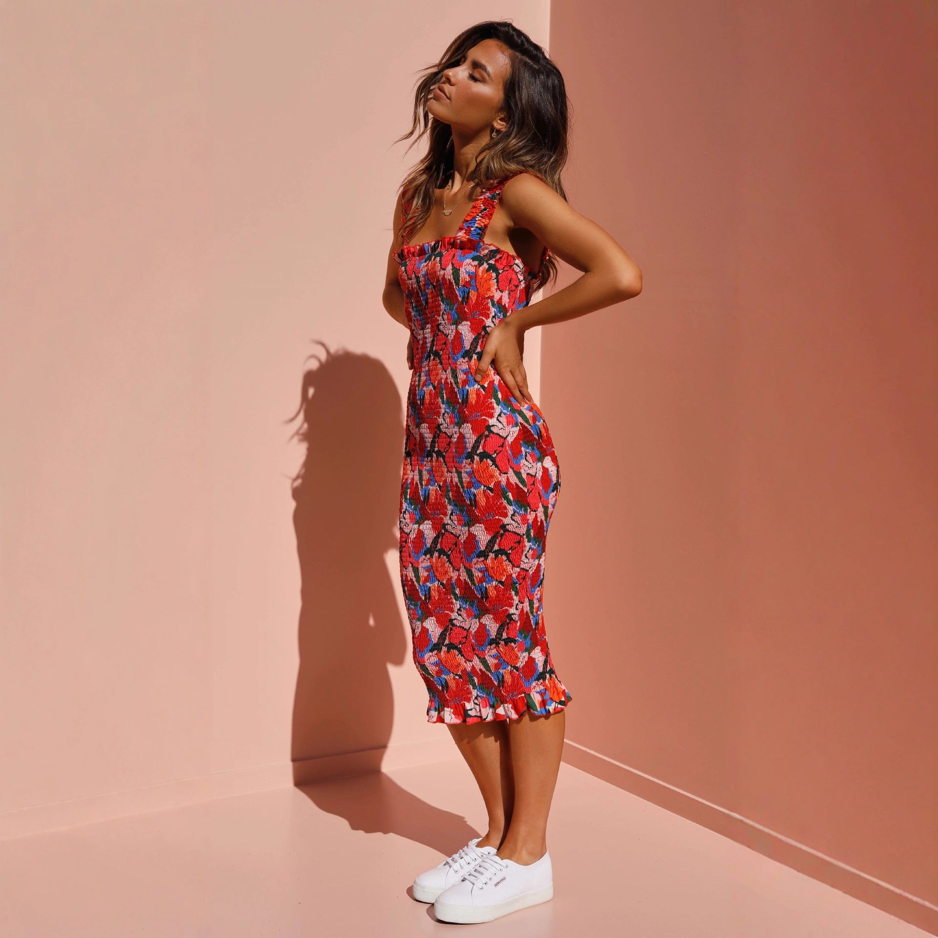 Damen Blumenmuster Midi-Kleid Sovae