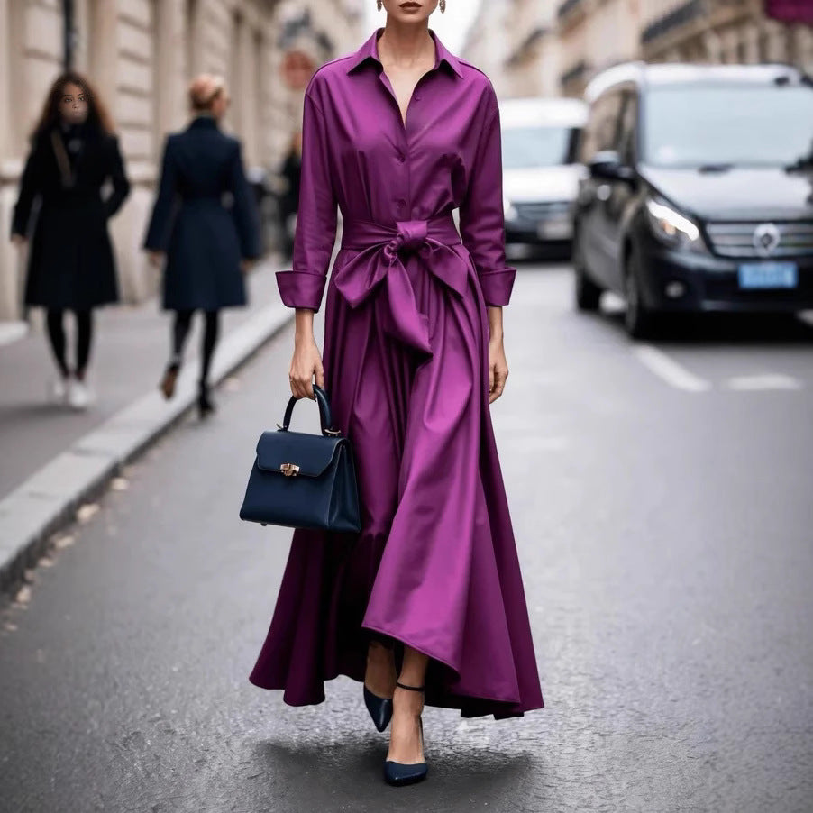 Damen Elegantes Langarm-Maxikleid mit Taillengürtel Sovae