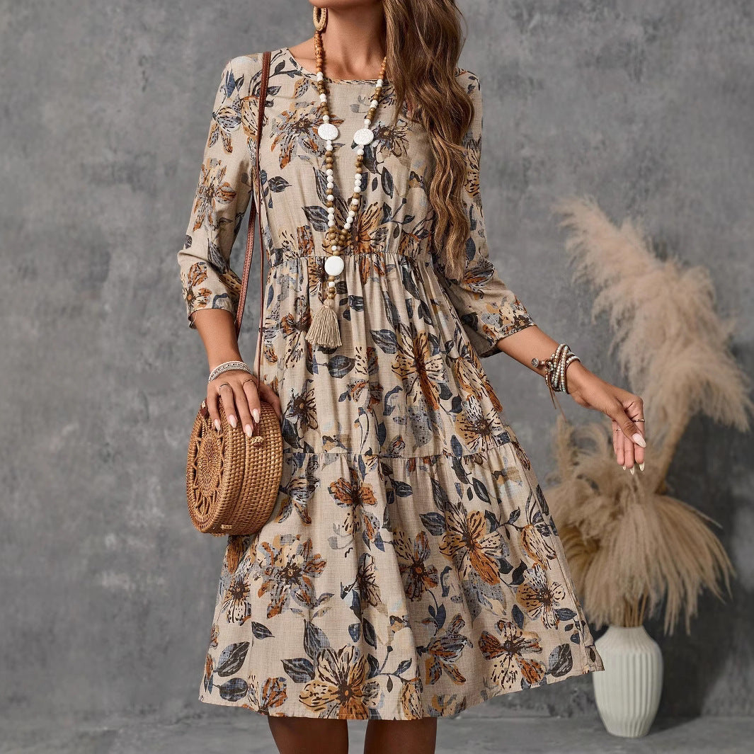 Damen Midikleid im verspielten Floral-Design mit ausgestelltem Rock und langen Ärmeln Sovae