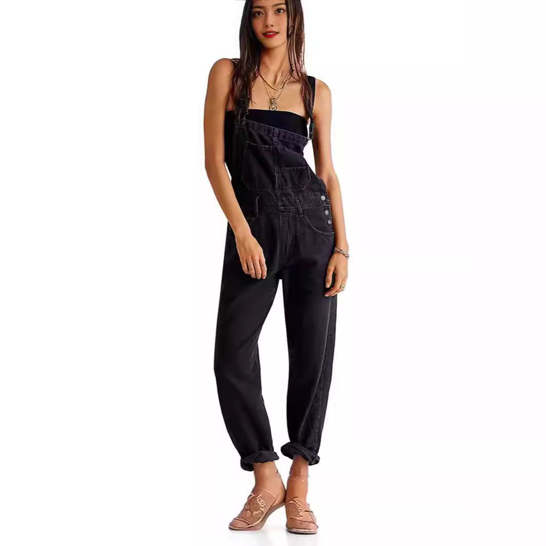 Damen Modische Denim-Latzhose mit verstellbaren Trägern und praktischen Taschen Sovae