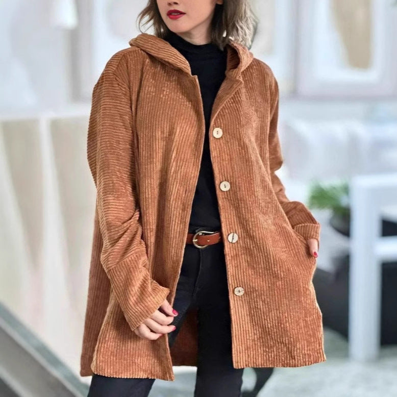 Damen Kapuzenjacke aus Rippstoff mit Holzknöpfen und Freizeit-Schnitt Sovae