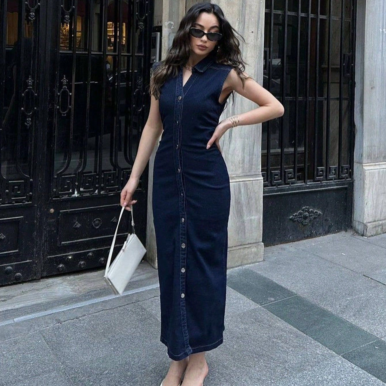 Damen lässiges Midi-Kleid mit Knopfverschluss und Raffung Sovae