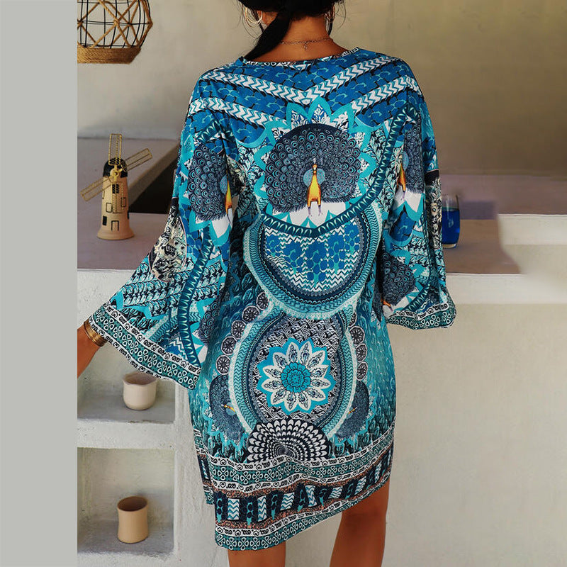 Damen Strandkleid mit V-Ausschnitt und weitem Ärmel Sovae