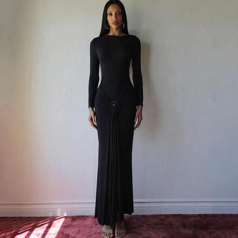 Damen Elegantes Maxikleid mit Drapierungsdetails und langem Arm Sovae