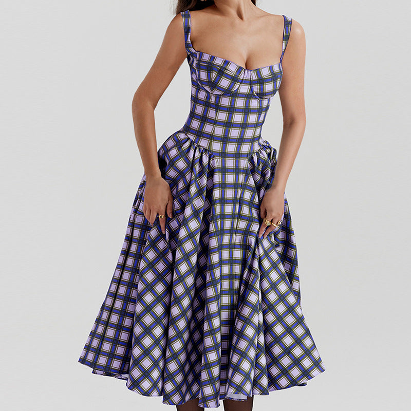 Damen Midikleid mit gerafftem Rock und modernem Karomuster Sovae
