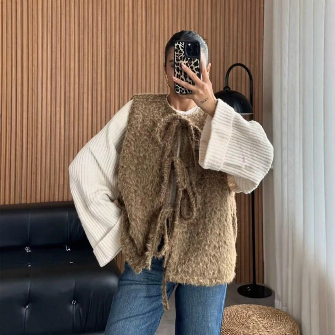 Damen elegante Strickweste mit dekorativen Schleifen Sovae