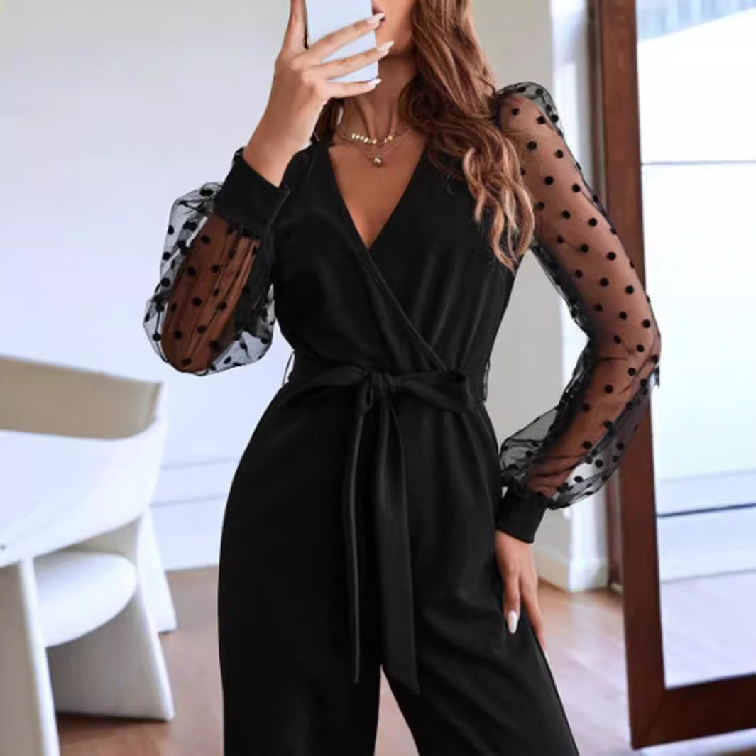 Damen Wickel-Jumpsuit mit transparenten Puffärmeln Sovae