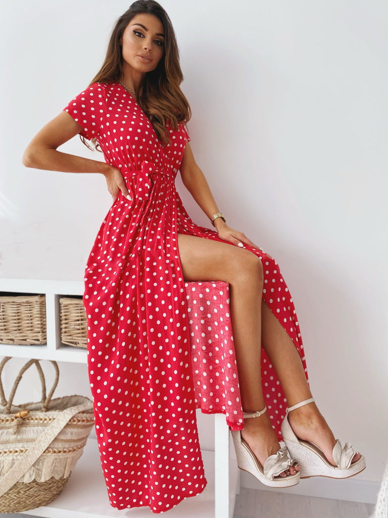 Damen Maxikleid mit Polka-Dots und tiefem V-Ausschnitt Sovae