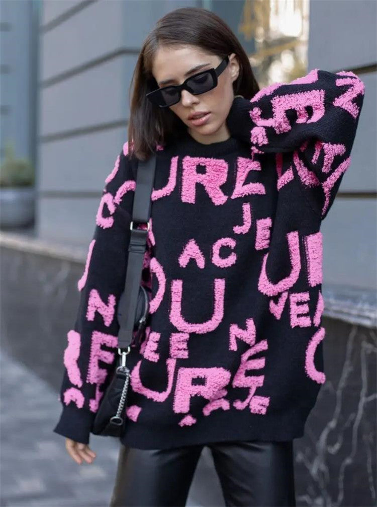 Damen Oversized Strickpullover mit auffälligem Schriftzug und lässiger Passform Sovae