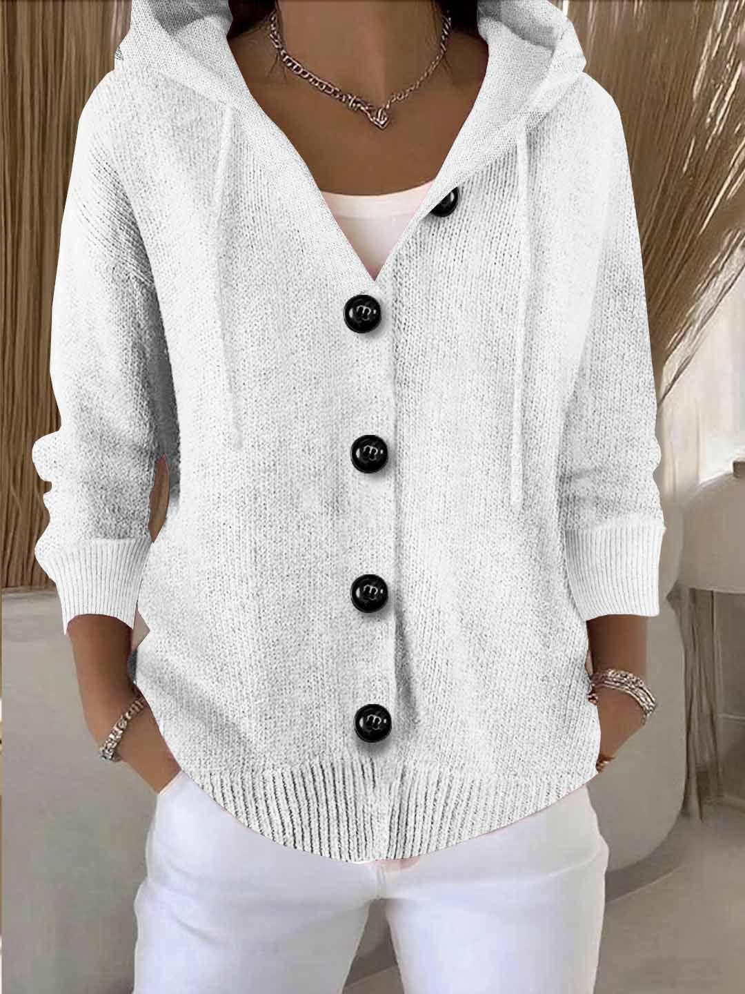Damen lässige Strickjacke mit Kapuze und großen Knöpfen Sovae