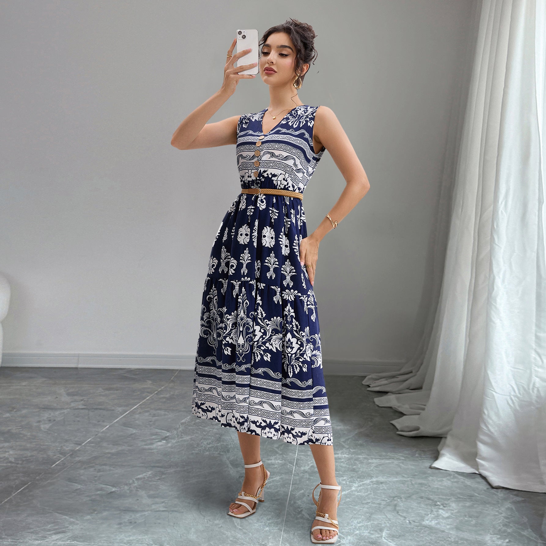 Damen Knielanges Kleid mit floralen Mustern Sovae