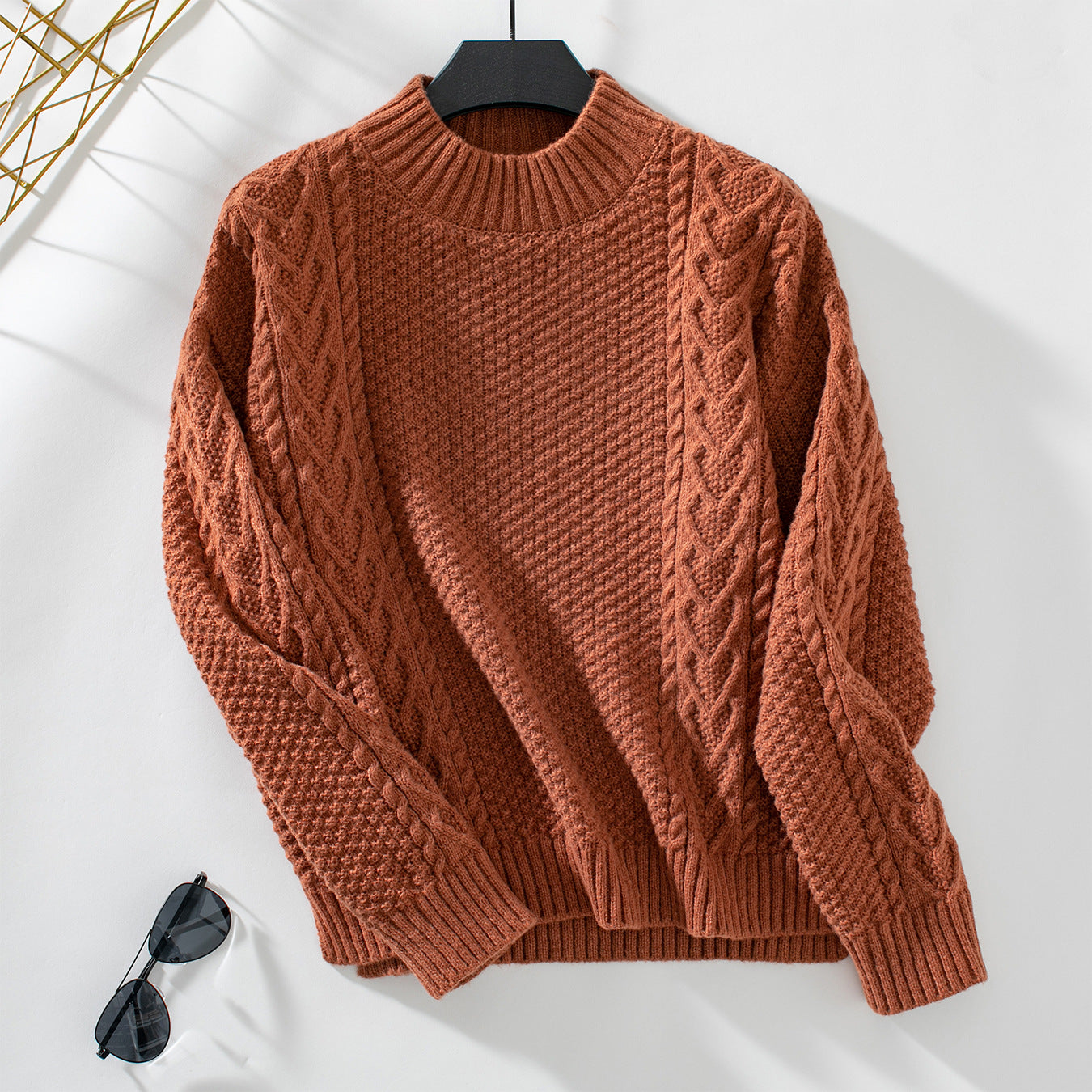 Damen Strickpulli mit auffälligem Zopfmuster und hohem Kragen Sovae