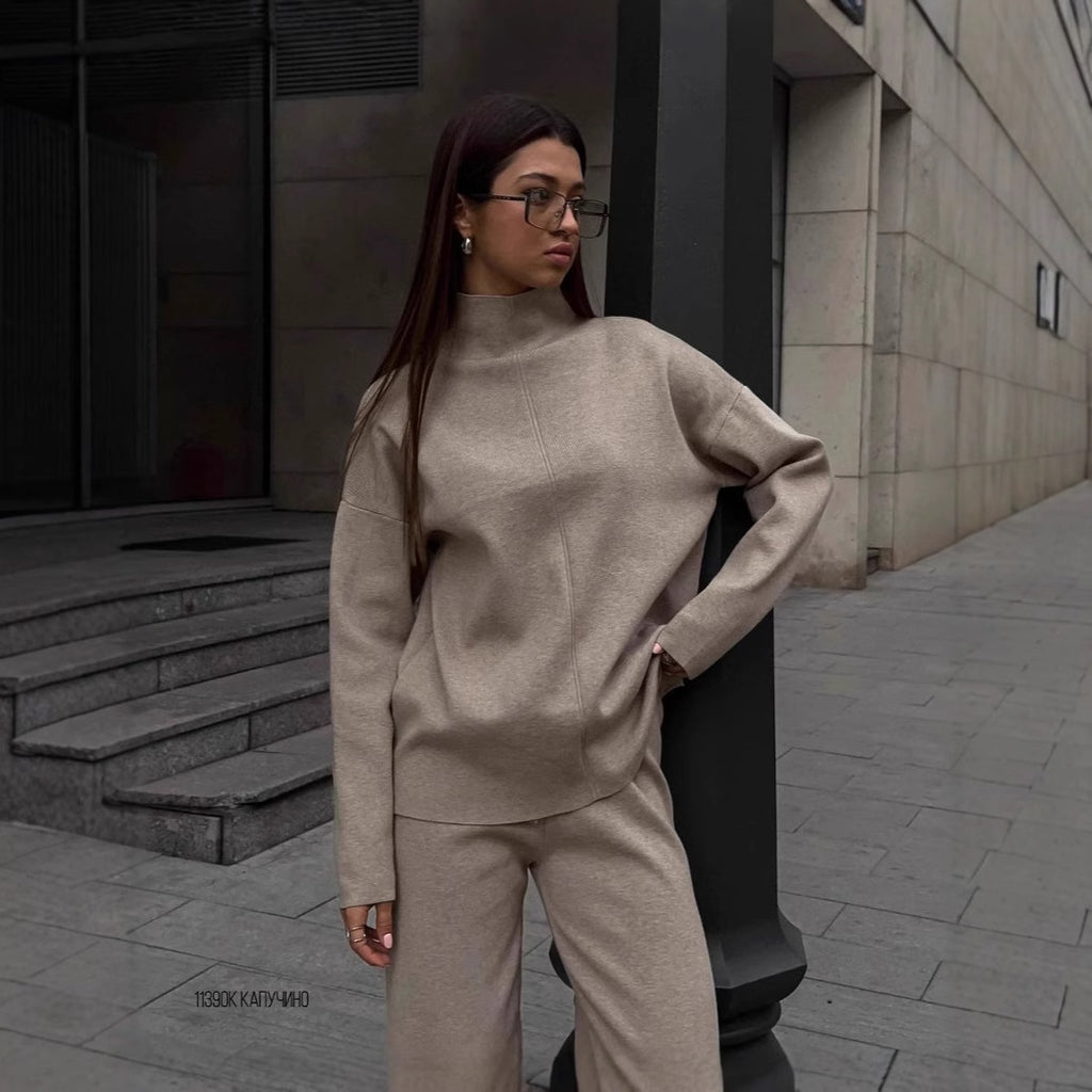 Damen lässiges Strickensemble mit hohem Kragen Sovae