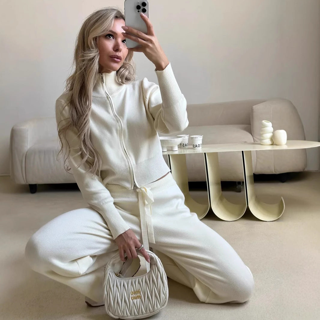 Damen lockerer Strick-Loungewear-Anzug mit hohem Kragen Sovae
