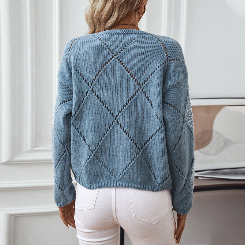 Damen modischer Pullover mit aufwendigem Strickdesign und Glitzerelementen Sovae