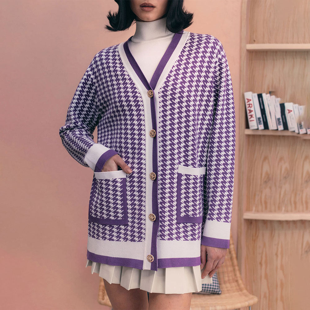 Damen Strickcardigan mit klassischem Hahnentritt-Muster und Knopfleiste Sovae