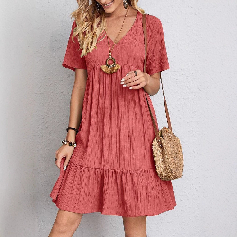 Damen Sommerliches V-Ausschnitt Kleid mit Volant Säume Sovae