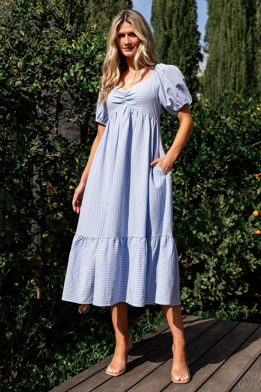 Damen lässiges und schickes Midi-Kleid mit Puffärmeln Sovae
