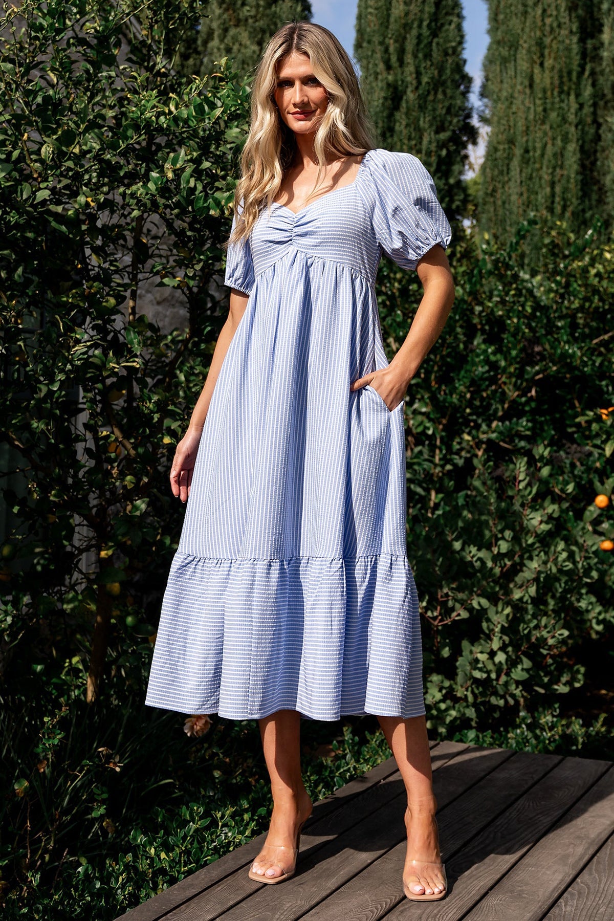 Damen lässiges und schickes Midi-Kleid mit Puffärmeln Sovae