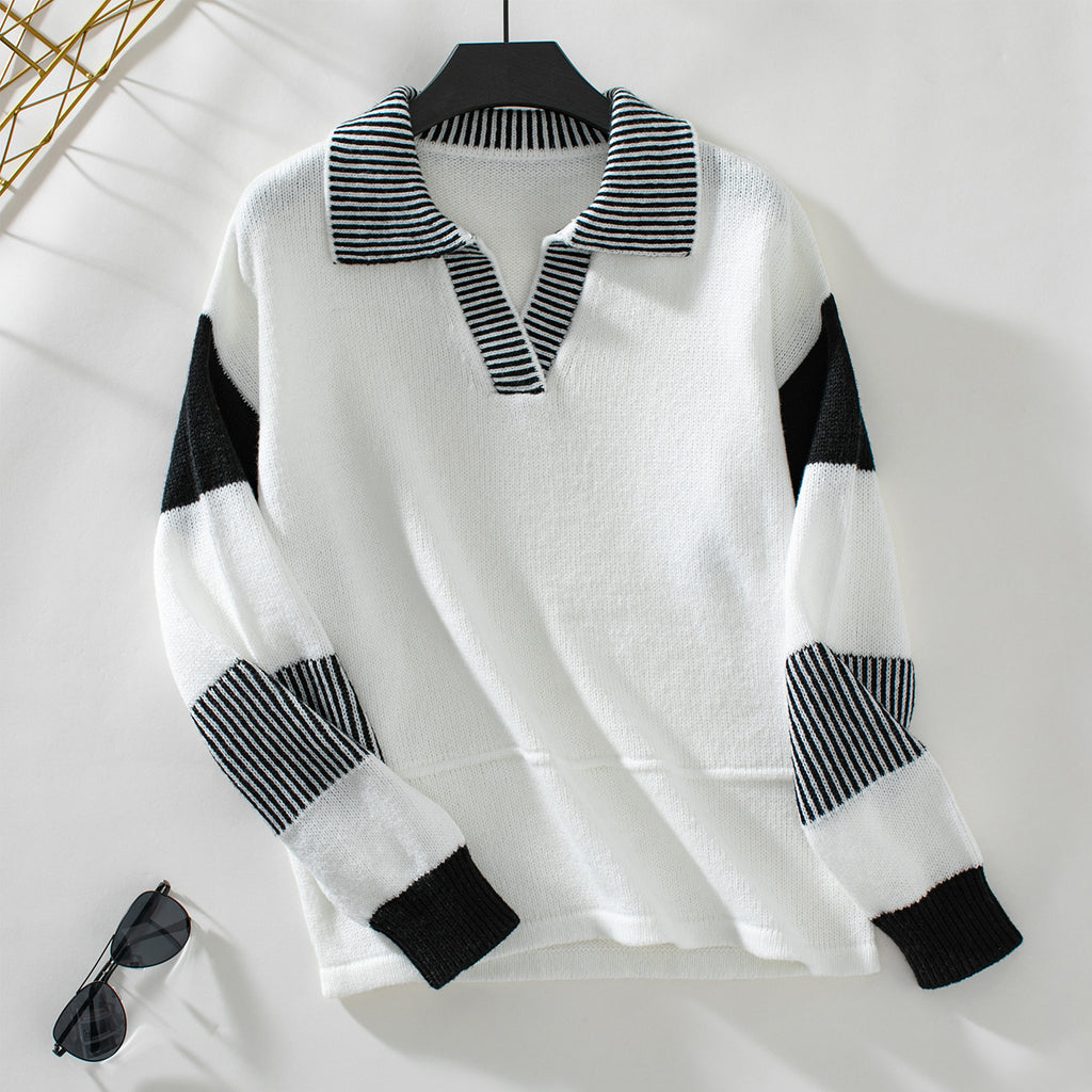 Damen modischer Pullover mit Polo-Kragen und kontrastierenden Streifen Sovae