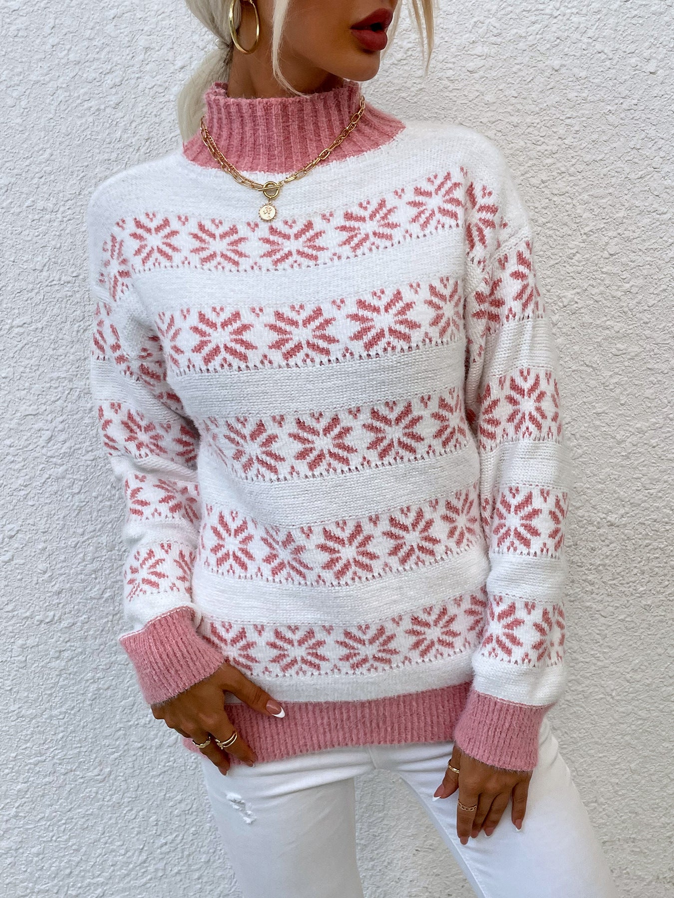 Damen Strickpullover mit Wintermotiv und hochgeschlossenem Kragen Sovae