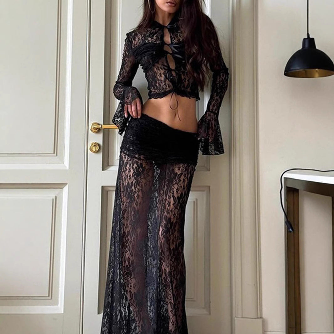 Damen Spitzen-Crop-Top mit verspieltem Schnürdetails und langen Ärmeln Sovae