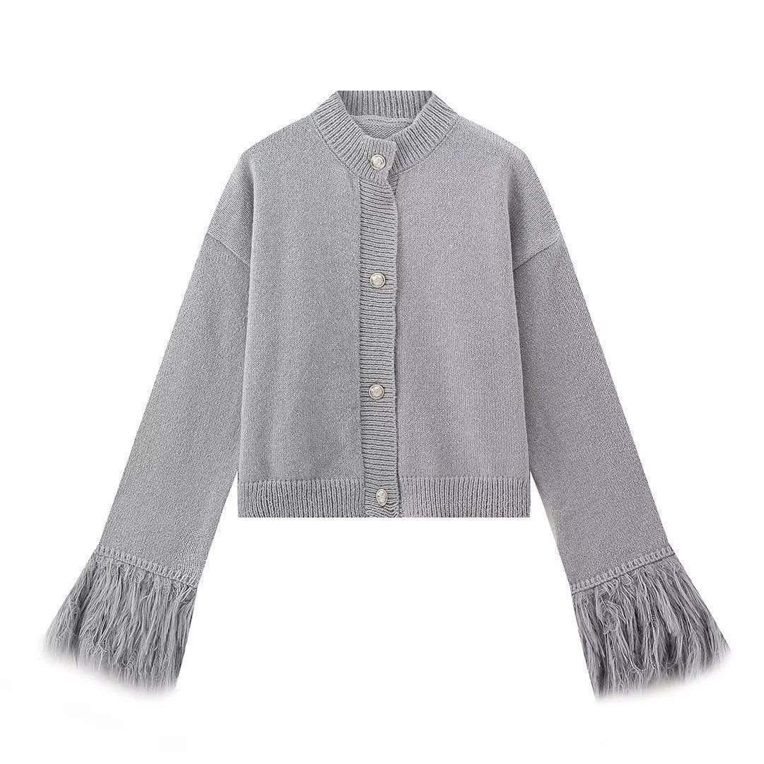 Damen Strickjacke mit fransigen Ärmeln und Knopfdetail Sovae
