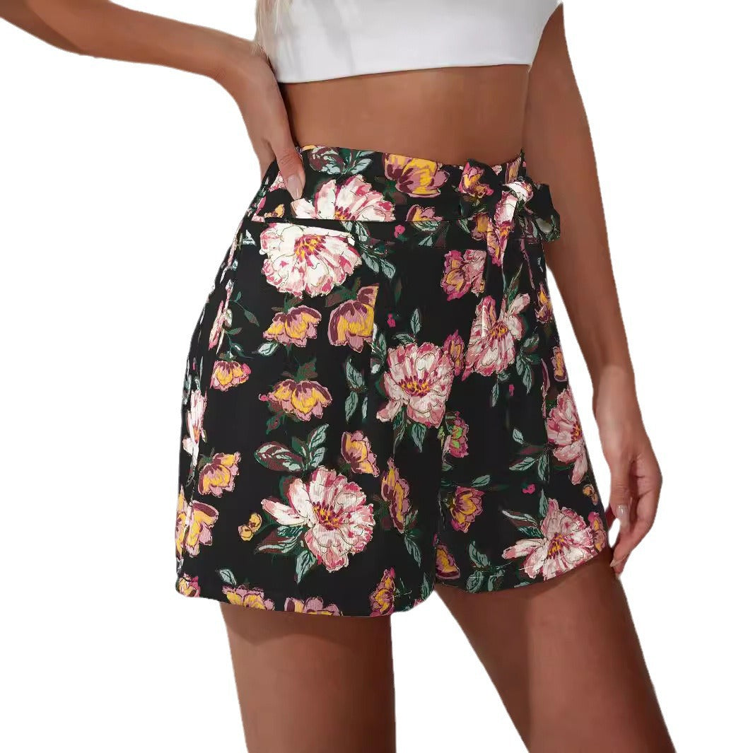 Damen Blumenmuster Shorts mit Taillenschnalle Sovae