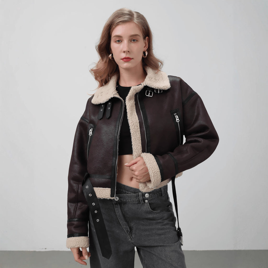 Damen modische Kurzjacke mit Schurwollkragen und Reißverschlusstaschen Sovae