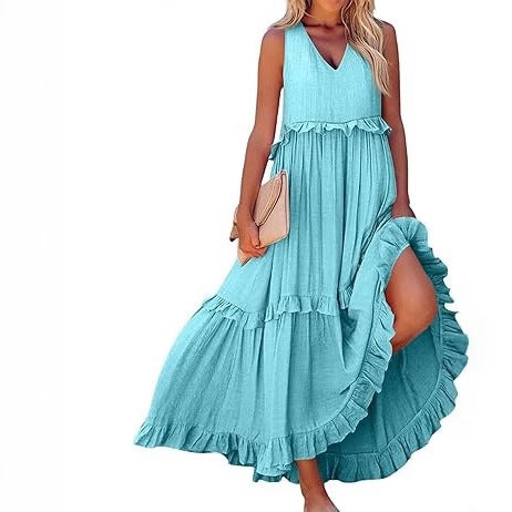 Damen Maxikleid mit Rüschen und V-Ausschnitt Sovae