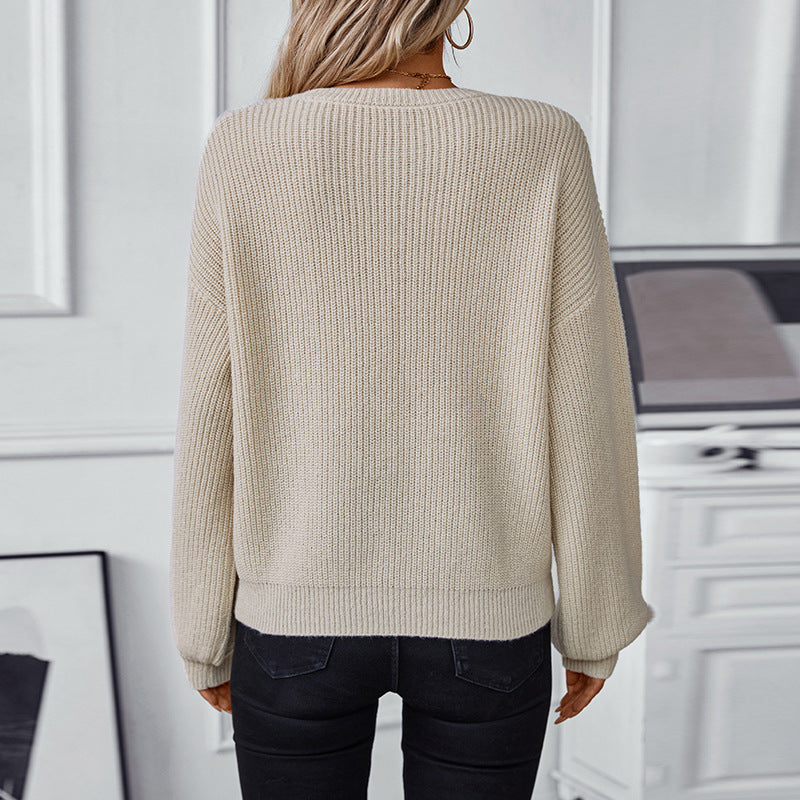 Damen Strickpullover mit V-Ausschnitt und dekorativem Strukturmuster Sovae