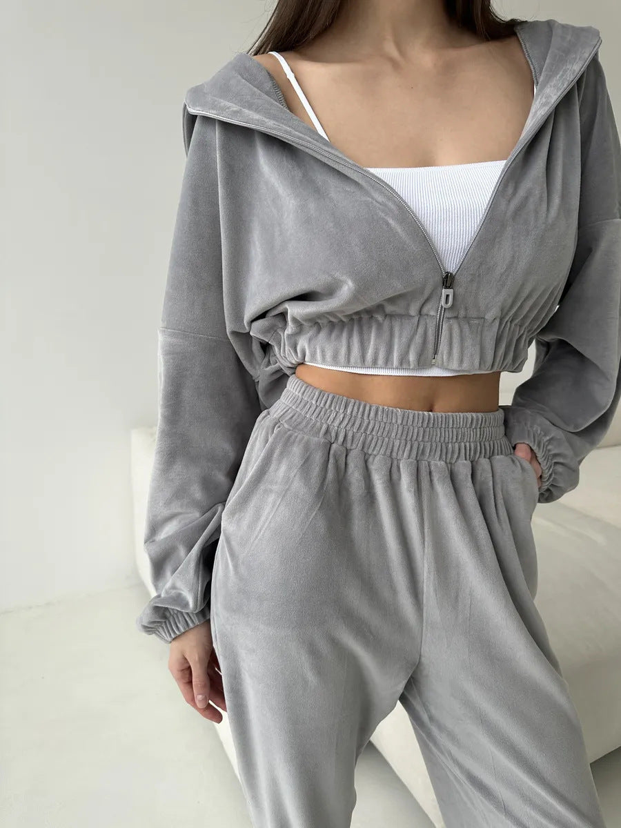 Damen sportlich-eleganter Fleece-Trainingsanzug mit hoher Taille und Reißverschluss Sovae