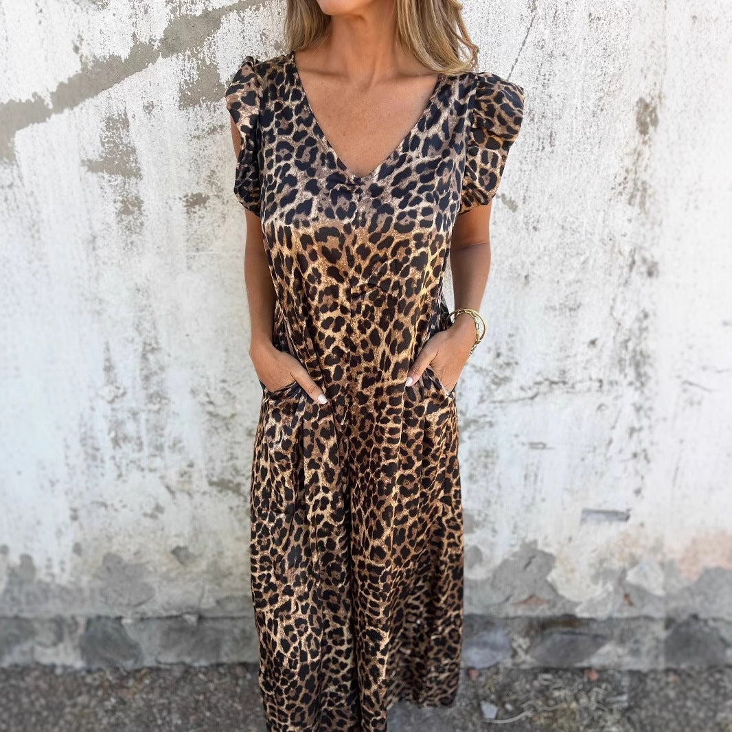 Damen lässiger Jumpsuit mit tierischem Druck und Taschen Sovae