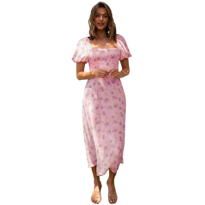 Damen Elegantes Midikleid mit Puffärmeln und verspieltem Blumenmuster Sovae