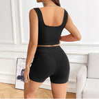 Damen Sportliches Zweiteiliges Set mit Hochtailliertem Short und Ripp-Top Sovae