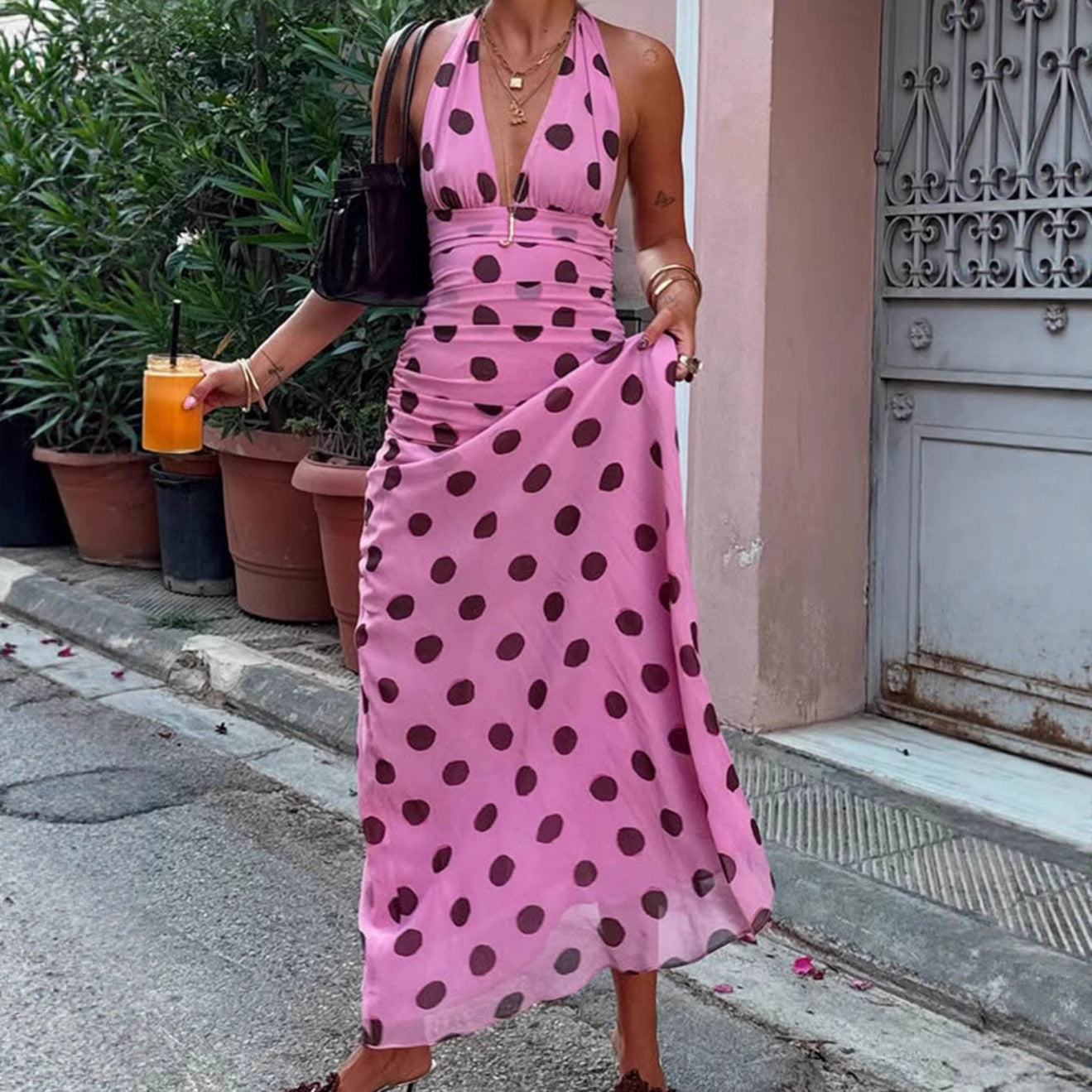 Damen Elegantes Maxikleid mit Punkten und tiefem V-Ausschnitt Sovae