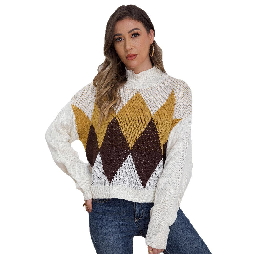 Damen modischer Strickpullover mit geometrischem Muster und hohem Kragen Sovae