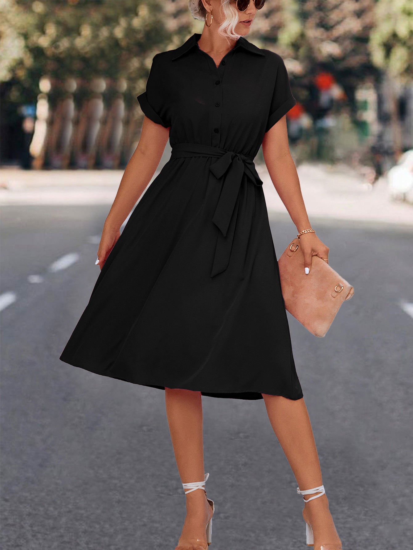 Damen Knielanges Hemdkleid mit Taillengürtel und elegantem V-Ausschnitt Sovae