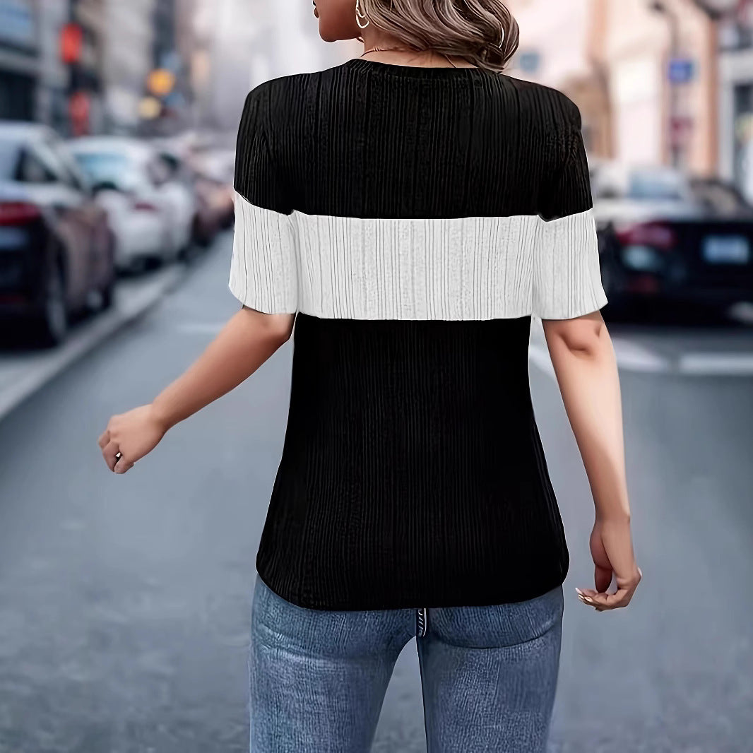 Damen Kurzarmpullover mit modernem Blockstreifenmuster Sovae