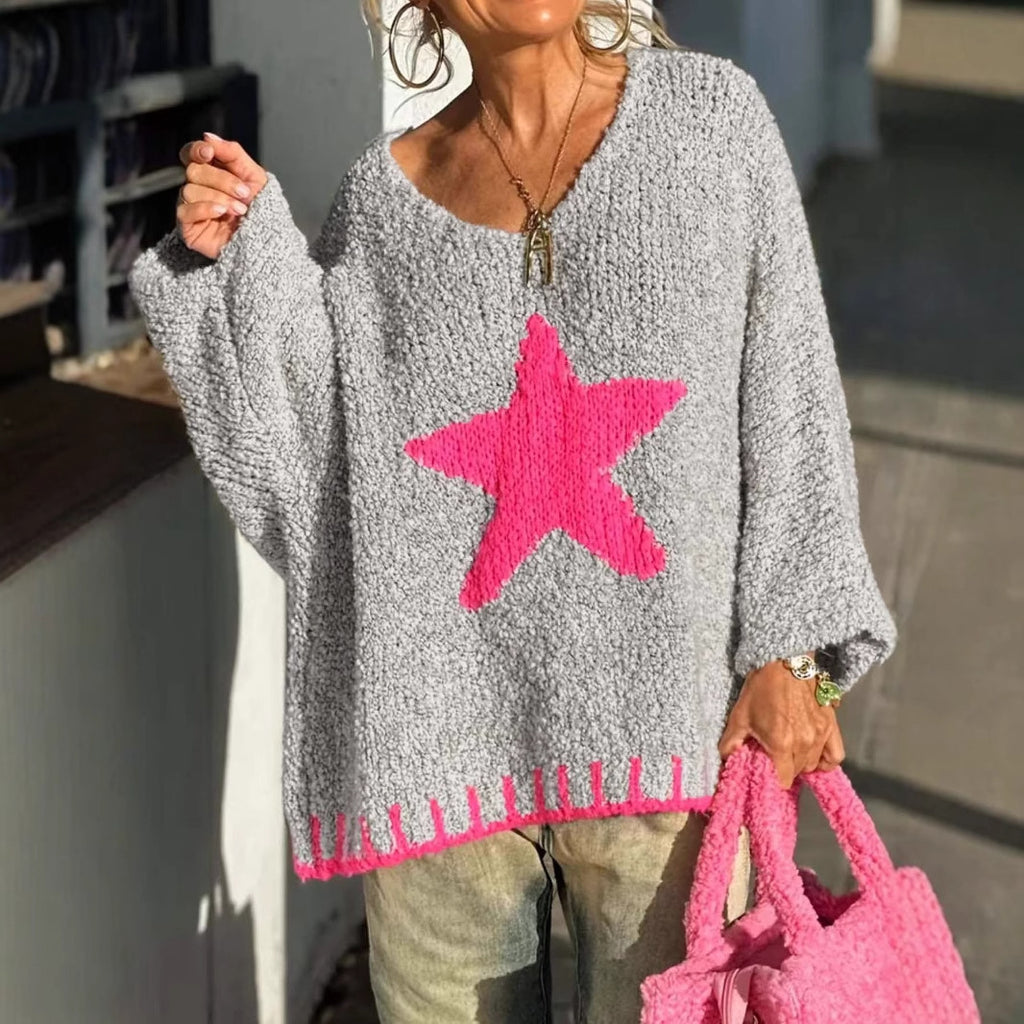 Damen Strickpullover mit V-Ausschnitt und auffälligem Sternenmuster Sovae