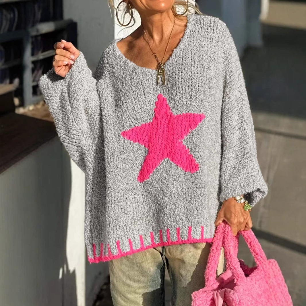 Damen Strickpullover mit V-Ausschnitt und auffälligem Sternenmuster Sovae