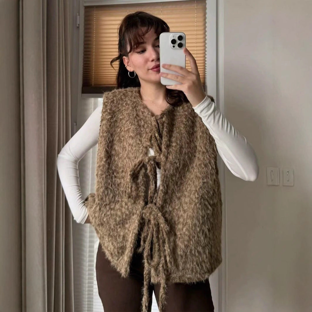 Damen elegante Strickweste mit dekorativen Schleifen Sovae