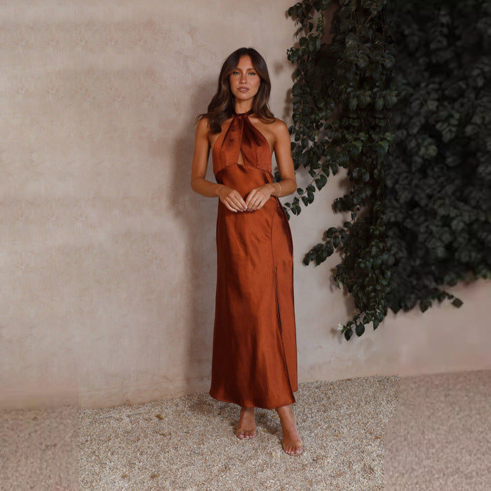 Damen elegantes Maxikleid mit tiefem V-Ausschnitt und schwingendem Saum Sovae