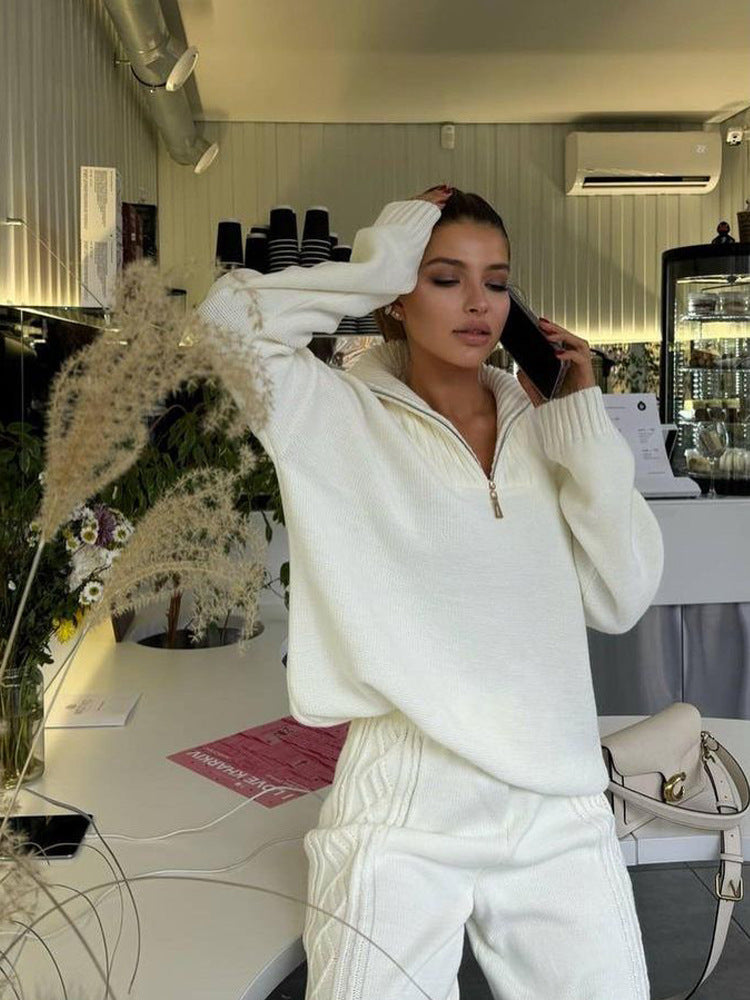 Damen Strickanzug mit halblangem Reißverschluss und Zopfmuster Sovae