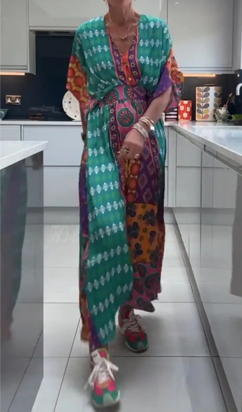 Damen Viskose Maxikleid mit buntem Patchwork-Design und weiten Ärmeln Sovae