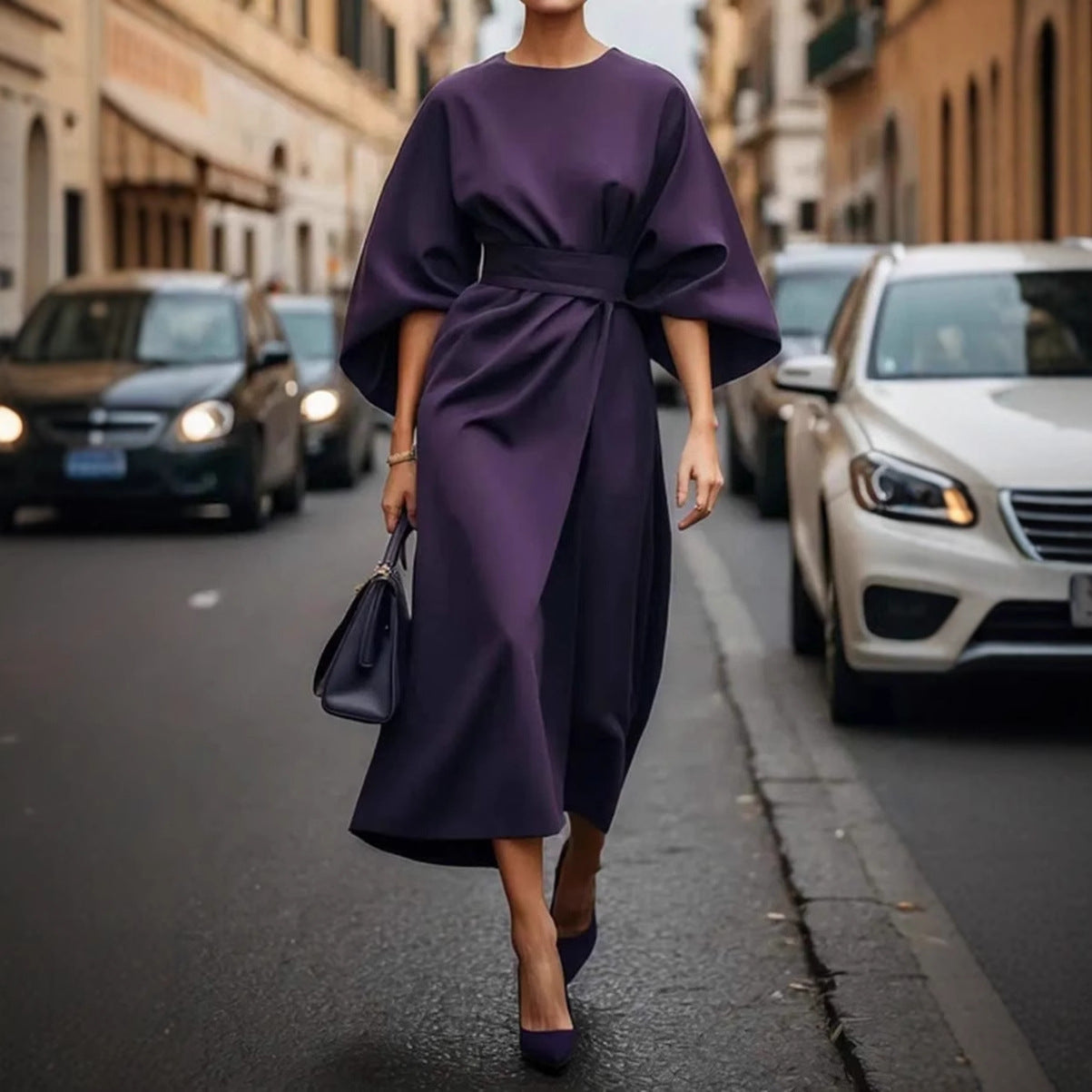 Damen Maxikleid mit eleganten Puffärmeln und Taillengürtel Sovae