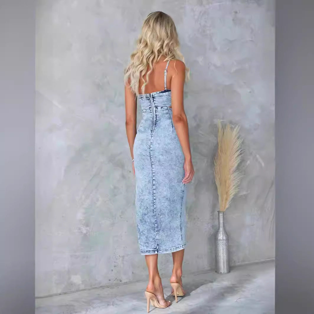 Damen Denim Kleid mit Cut-Outs und hohem Schlitz Sovae