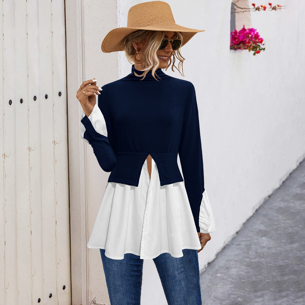 Damen Modisches Hemdblusenshirt mit hohem Kragen und asymmetrischem Schnitt Sovae