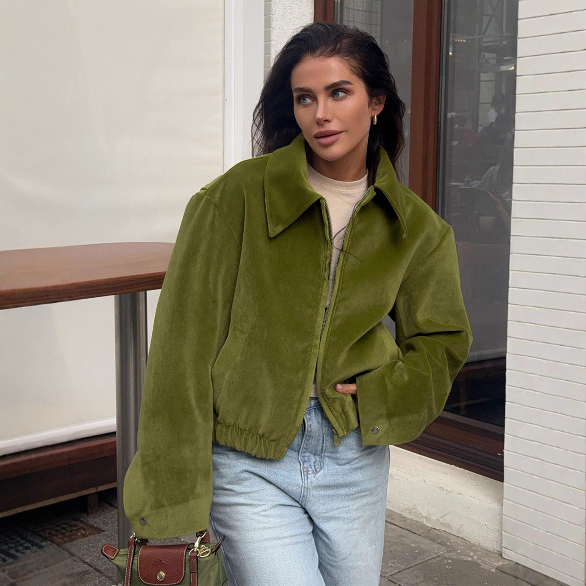 Damen Modische Veloursjacke mit elastischem Bund Sovae